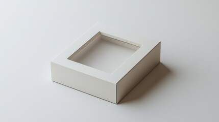 Minimalist hanger box with a window, soft gray packaging, set against a bright white background 