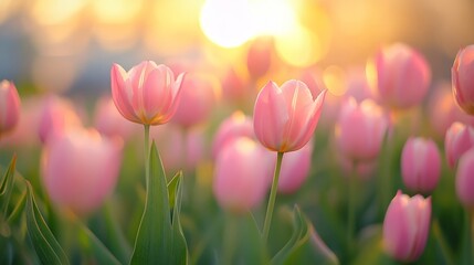 Obraz premium Beautiful pink tulips in bloom at sunrise with soft golden light