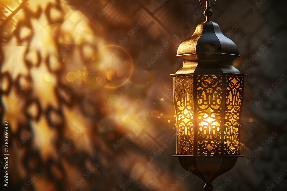 Poster ornate lantern casting warm light, creating intricate shadows on textured wall background