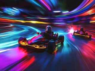 Go-kart Racing with Neon Lights Speeding on the Track at Night