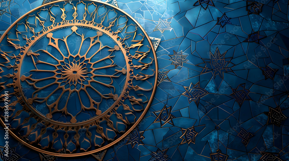 Poster ornate circular design on a vibrant blue mosaic background with intricate patterns
