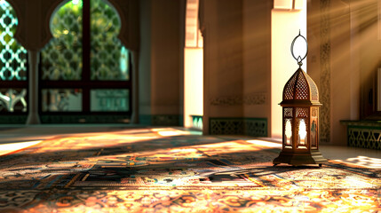 Intricate lantern casting warm light on ornate carpet in a serene, sunlit interior space