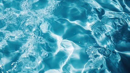 Naklejka premium Transparent blue clear water surface texture with ripples, splashes and bubbles. Abstract summer banner background Water waves in sunlight with copy space Cosmetic moisturizer micellar toner emulsion
