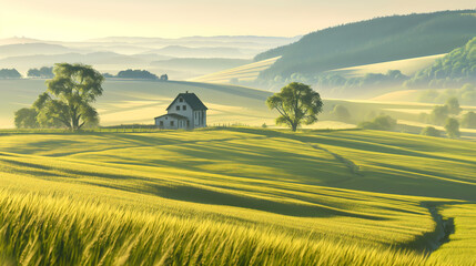 Golden Field Landscape With House, Trees, And Soft Hills In Quiet Rural Countryside Morning

