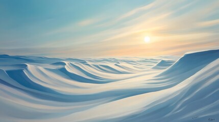 Serene Winter Landscape with Soft Snow Dunes and Gentle Sunrise