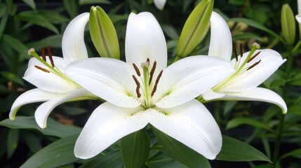 Delicate White Lily Flower in Bloom Amid Lush Foliage and Petals