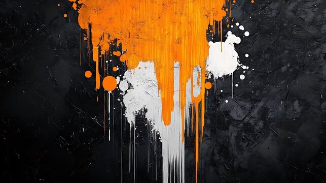 Dynamic Orange and White Paint Drips on Dark Surface: Abstract Digital Painting AI Generated