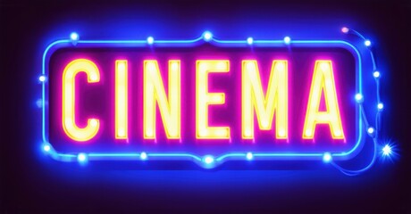 Glowing neon sign with bold cinema lettering framed by vibrant marquee lights, evoking the golden age of classic theaters and vintage movie-going experiences in bright colors
