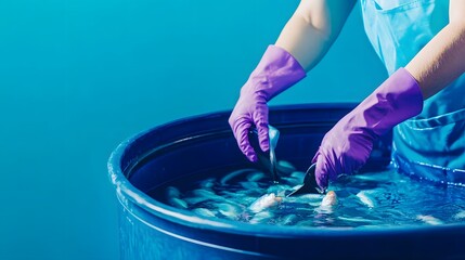 Obraz premium Cleaning Fish in Blue Water with Gloves and Tools for Seafood Preparation