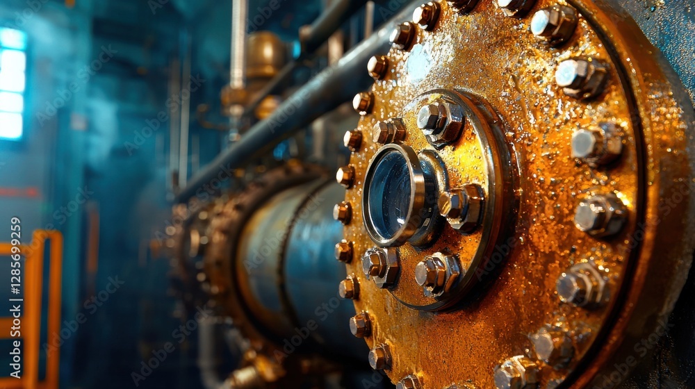 Poster closeup of an intricate rusty industrial gear mechanism in an aged and weathered factory setting