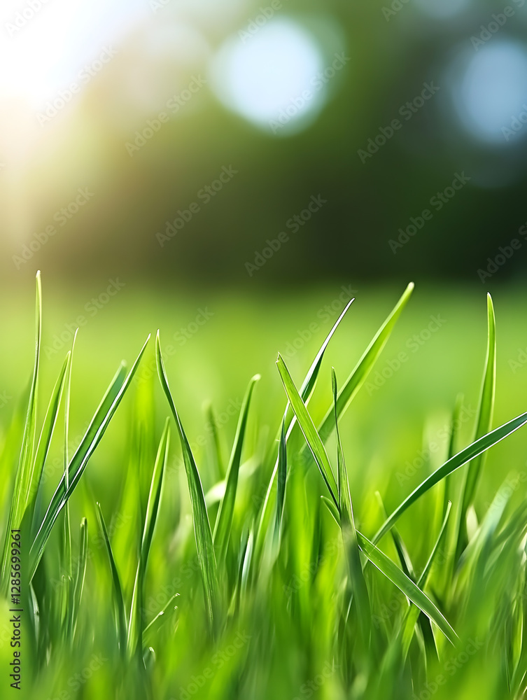 Aufkleber Macro View of Fresh Green Grass Blades with Soft Blurred Background in Sunlight : Generative AI