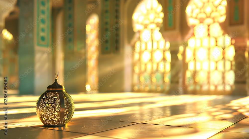 Poster ornate lantern on a sunlit floor in a beautifully designed architectural space with intricate patter