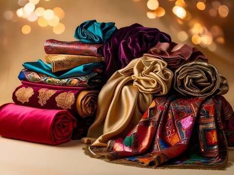 A collection of fabrics featuring rich colors and intricate patterns is elegantly arranged, with an array of textiles creating a luxurious display. Soft lighting in the background adds warmth