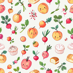 a variety of fruits and vegetables, including apples, peaches, radishes, and cupcakes, arranged in a repeating design on a white background.