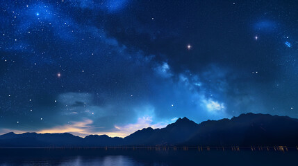 A breathtaking view of the night sky with stars above mountains, reflecting in a tranquil lake Ideal for astronomy and scenic backgrounds.