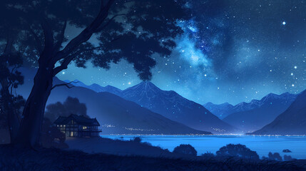 Peaceful lake scene shows a mountain range and starry night sky reflected in the water, creating a serene and tranquil mood Perfect for wallpaper or atmospheric design.