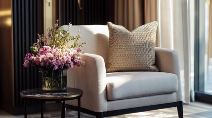 A luxurious armchair styled with a throw pillow and a side table with fresh flowers. digital