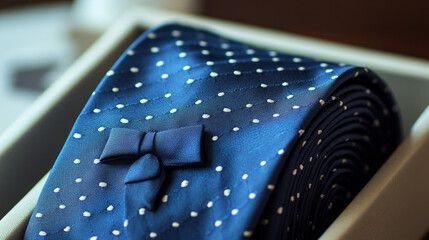 Happy Father's Day. dark blue tie in paper bag with gift box. Father's Day sale mockup. Gift delivery service. Copy space