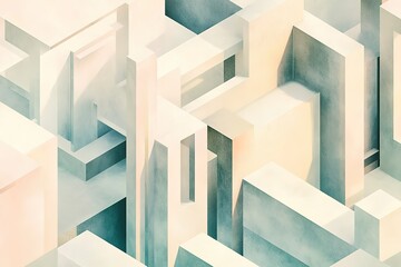 An isometric geometric background in muted pastel tones, resembling abstract blocks and layers. Soft lighting creates smooth gradients, with a modern style perfect for corporate and creative projects.