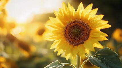 Fototapeta premium Close-Up of Vibrant Sunflower Blooms Against Golden Evening Light