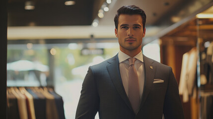 Man in expensive custom tailored suit standing and posing indoors
