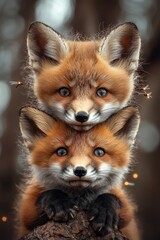 Obraz premium A couple of foxes sitting on top of each other on a tree stump