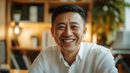 Obraz premium Cheerful asian male adult smiling indoors in bright office setting