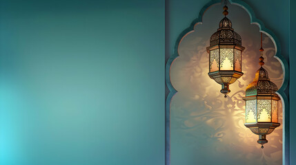 Elegant decorative lanterns hanging in a serene turquoise room with soft ambient lighting