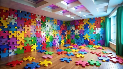 Colorful Puzzle Pieces Adorn Room's Walls and Floor, Creating a Playful and Imaginative Atmosphere