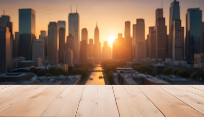 Obraz premium Wooden table in the foreground with a blurred cityscape in the background, featuring tall buildings
