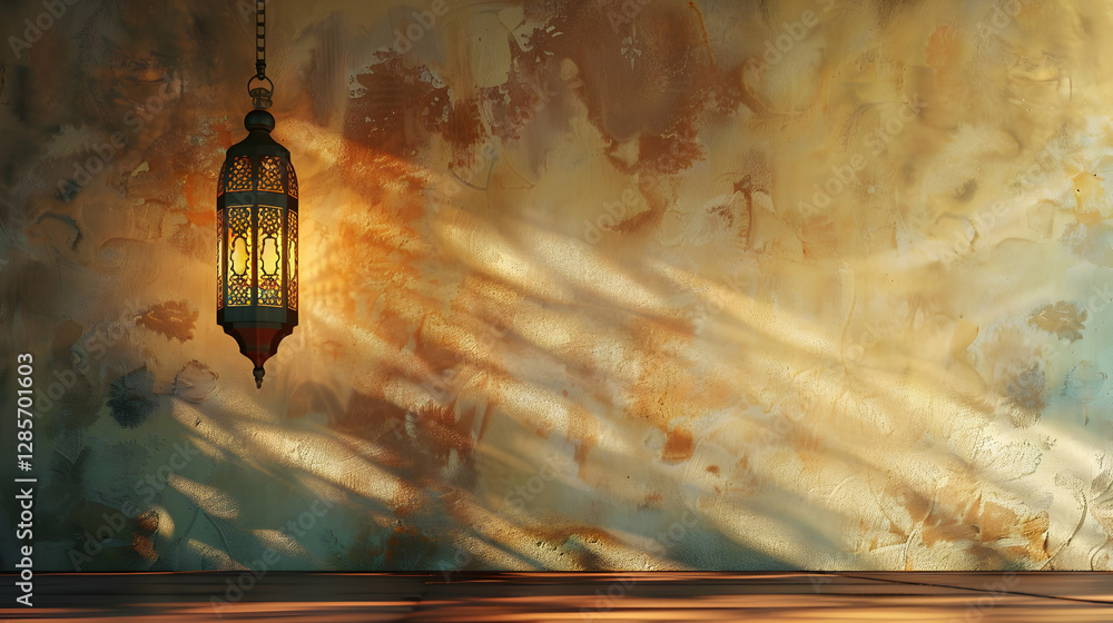 Aufkleber a beautifully illuminated lantern casting intricate shadows on a textured wall in a serene setting