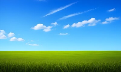 Obraz premium Green grass field under a blue sky with white clouds