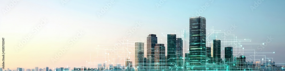 Poster Futuristic Cityscape with Digital Overlay and Modern Architecture