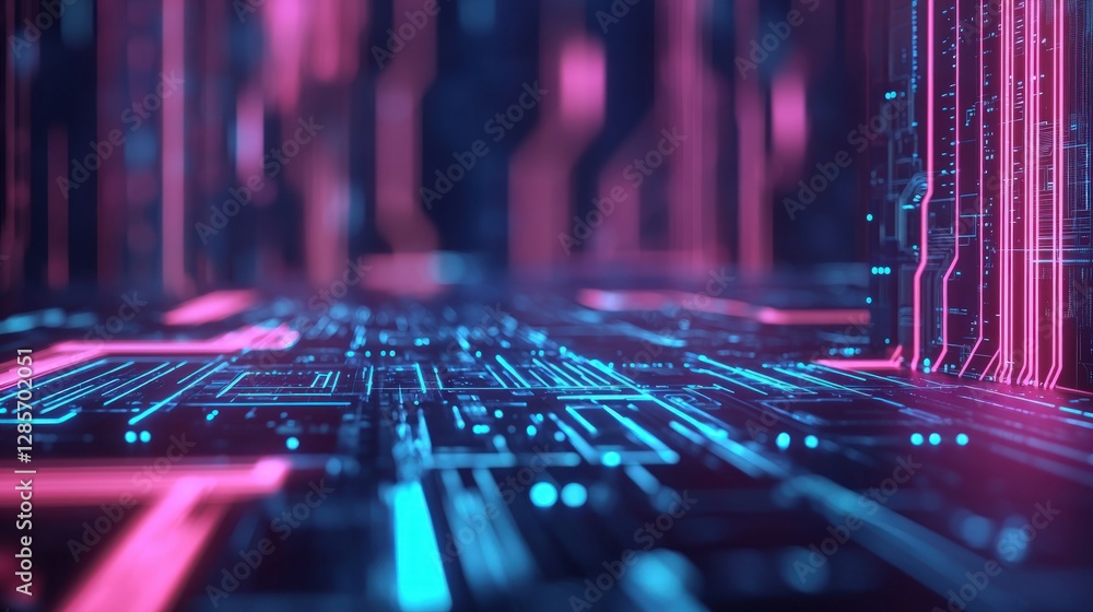 Poster futuristic digital circuit board with vibrant neon lines and patterns