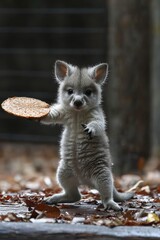 Fototapeta premium A baby kangaroo holding a piece of bread in its paws