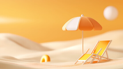 A beach chair sits under an umbrella on a sandy surface with warm color tones and a relaxing mood Use this image for vacation or relaxation themed projects.