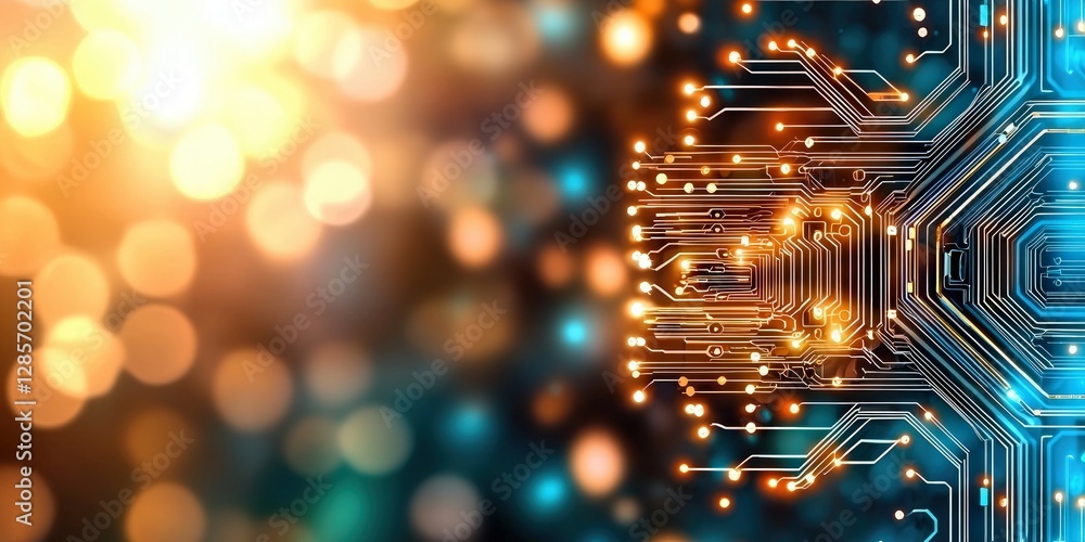 Poster Abstract Circuit Board Design with Glowing Lights and Bokeh Effect