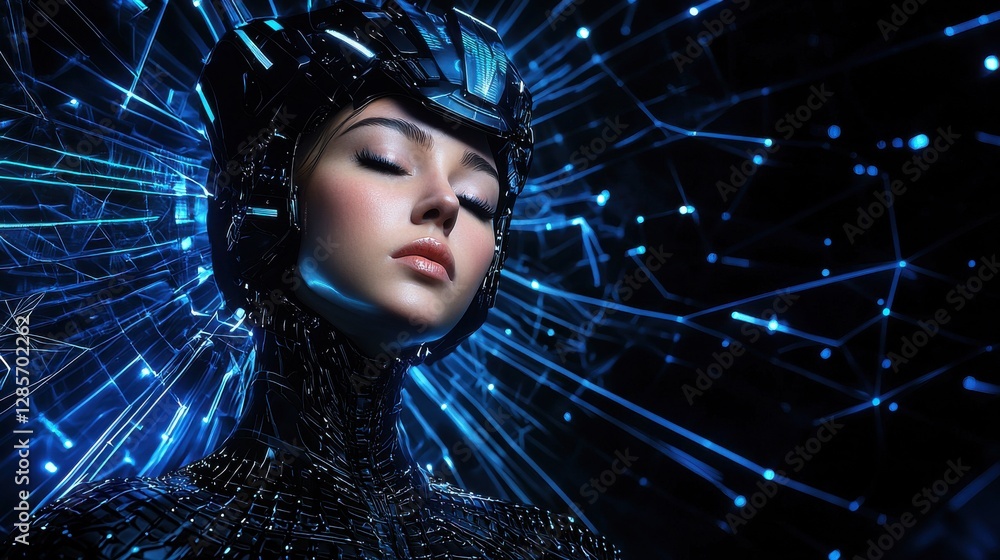 Poster surreal cyborg illuminating the cosmic fractal matrix of glowing data