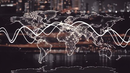 Shimmering supply chain map: A glowing world map with flowing light trails connecting production points to destinations, symbolizing an efficient global supply chain.