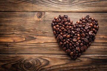Aromatic Roasted Coffee Beans Arranged in a Heart Shape on Rustic Wooden Surface