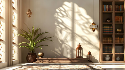 Serene interior with a decorative plant, warm lighting, and intricate shadow patterns on the wall