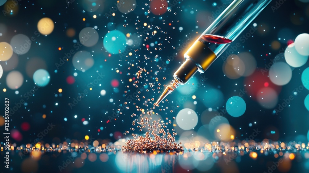 Poster syringe dispensing golden liquid droplets against a bokeh background abstract medical science concep