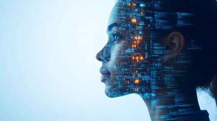 Profile of Woman with Digital Elements and Computer Code Overlay