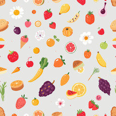 a variety of colorful fruits and vegetables, including strawberries, bananas, oranges, grapefruits, lemons, watermelon, and more, arranged in a grid-like fashion.