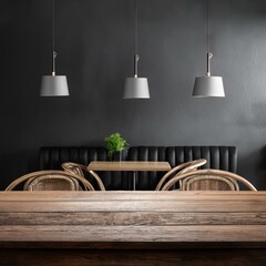Gray and wooden cafe, black wall, table