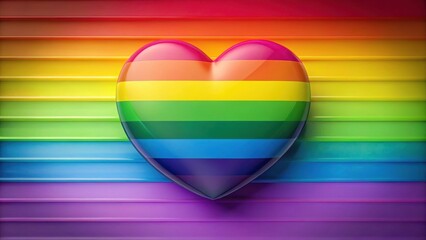 A vibrant rainbow-striped heart rests gently upon a colorful, horizontal striped backdrop.  The glossy heart symbolizes unity and love.