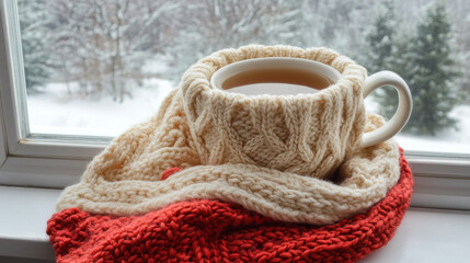 A cup of hot tea warmed in the knitted scarf is on the windowsill against the winter window