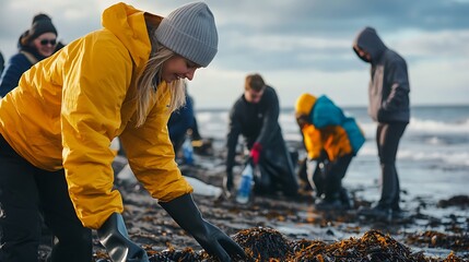 Volunteers Cleaning Beach Together Collecting Trash and Plastic Waste