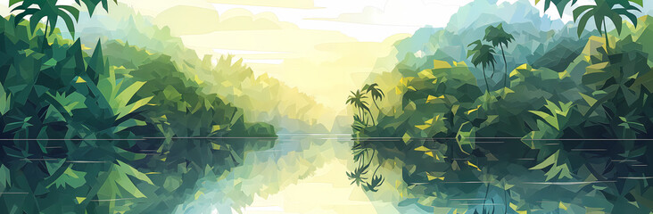 Still river reflects lush tropical foliage under a soft, glowing sky, evoking peace and tranquility Perfect for nature and travel themes.