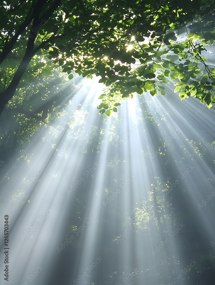 Poster Sunbeams Breaking Through Lush Greenery Creating Ethereal Forest Light : Generative AI